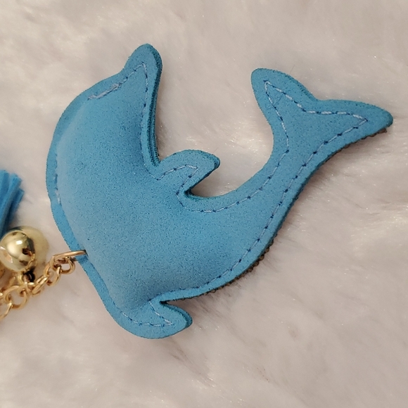 DOLPHIN blue and clear rhinestones goldtone tassel key chain id luggage tag car - Picture 5 of 6